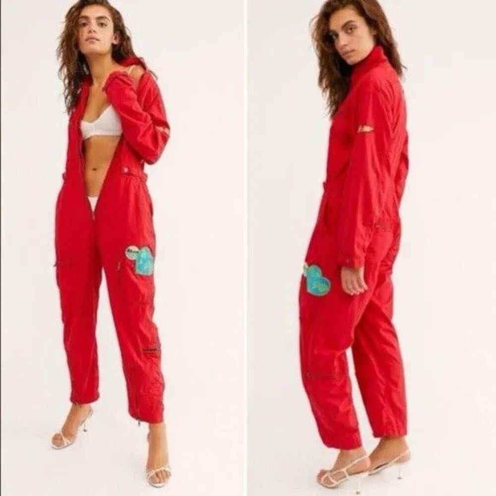 Free People Women's Lena Zip Front Red Jumpsuit Patches Size XS